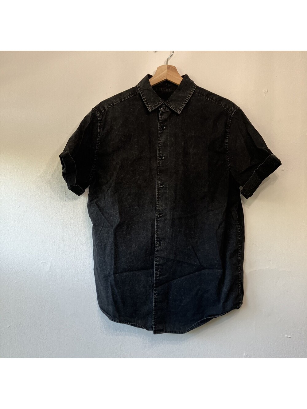 Button Up Black Denim Shirt Acid Wash Old School Rockabilly Indie Sleaze Medium